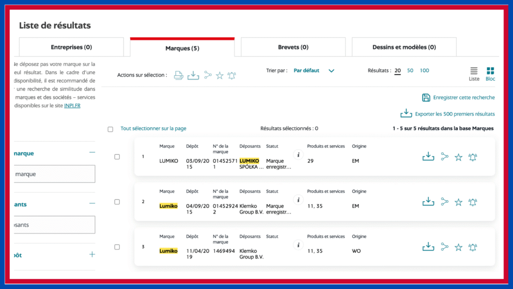Capture d’écran du site data.inpi.fr montrant la procédure officielle pour vérifier la disponibilité d’une marque en France. On y voit la barre de recherche INPI, l’onglet “Marques” et les premiers résultats affichant les dépôts existants. Cet outil permet de vérifier gratuitement une marque avant dépôt.