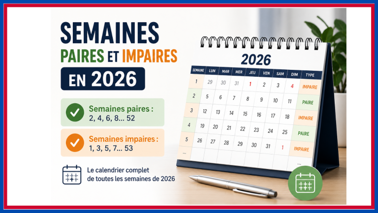 llustration du calendrier 2026 présentant les semaines paires et impaires avec les numéros de semaine et leurs usages