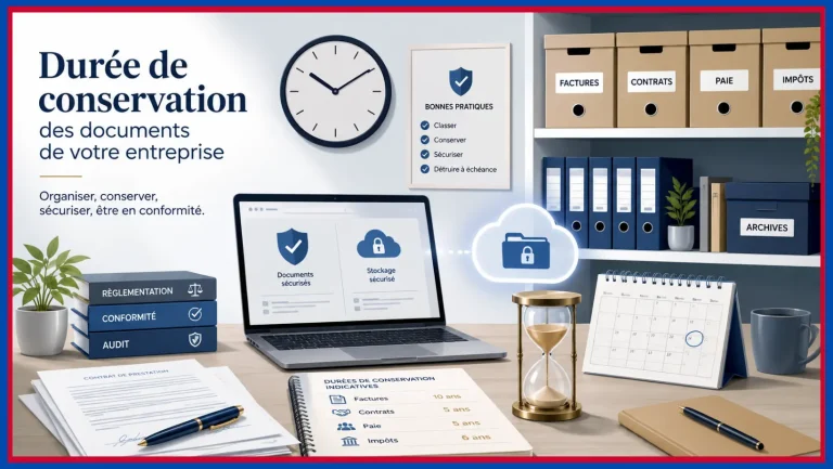 Illustration sur la durée de conservation des documents d’entreprise : factures, contrats, paie, impôts et archives, au format papier et numérique.
