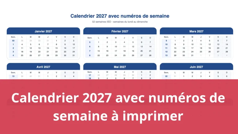 Calendrier 2027 avec numéros de semaine à imprimer